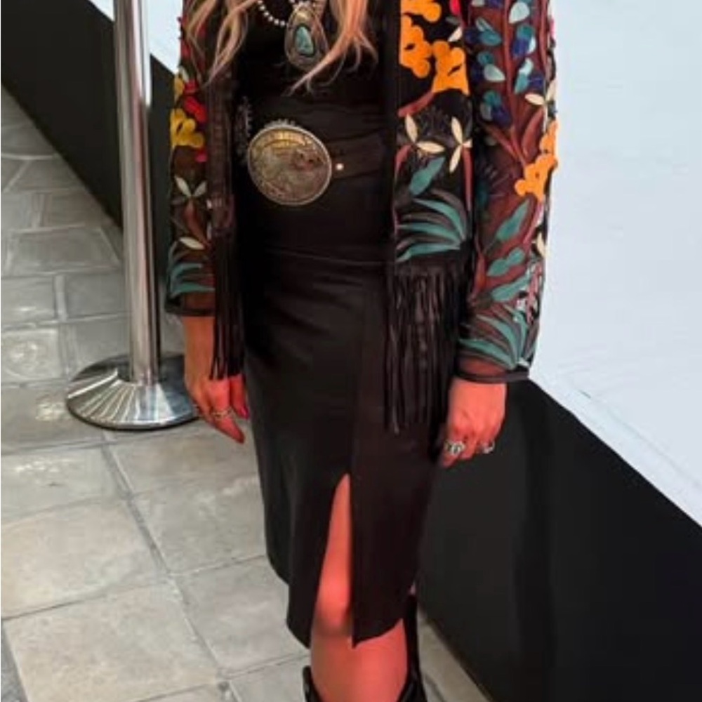 Dakota West Lambskin Floral Laser Cut Leather Fringe Jacket